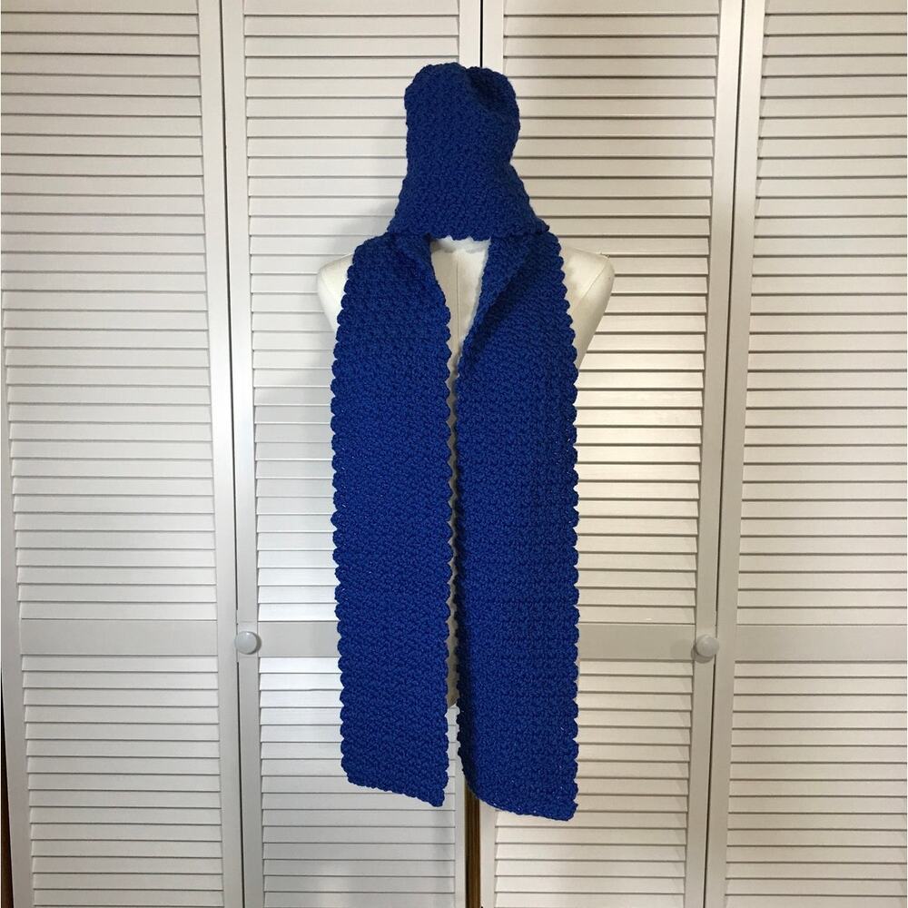 NWT Winter Handmade Crochet Textured Royal Blue Scarf 66” & Beanie